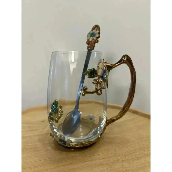 ARC of France glass tea cup with spoon blue flowers & butterfly - bronze handle - Picture 1 of 6